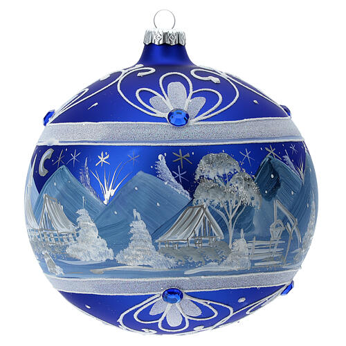 Boule de Noël montagnes enneigées verre soufflé bleu 150 mm 3