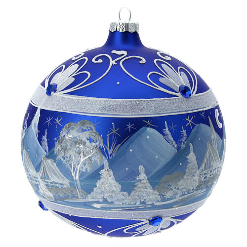Boule de Noël montagnes enneigées verre soufflé bleu 150 mm 4