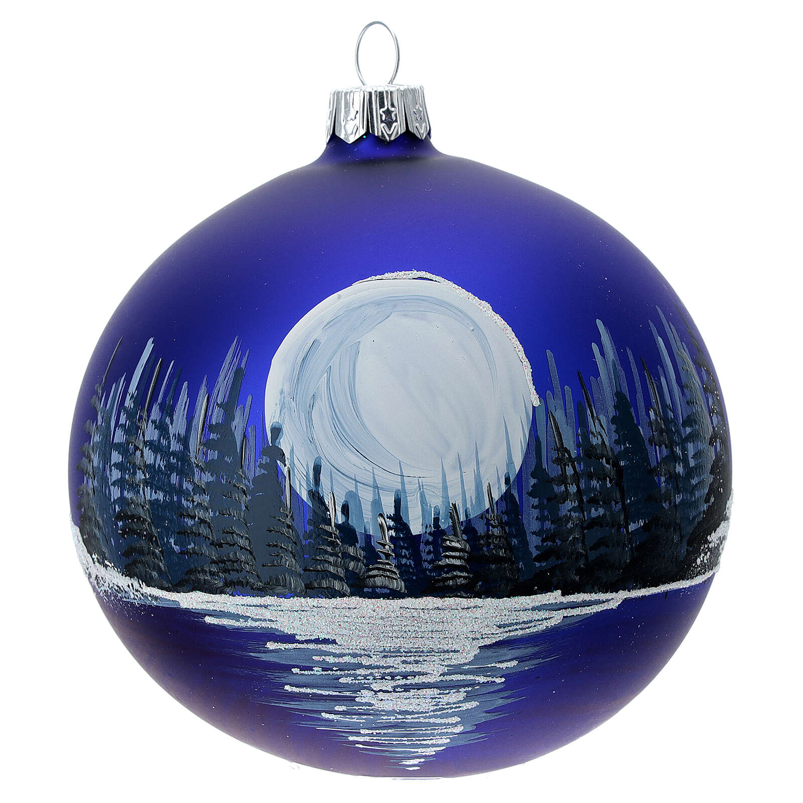 Christbaumkugel aus Glas in blau mit Winterlandschaft