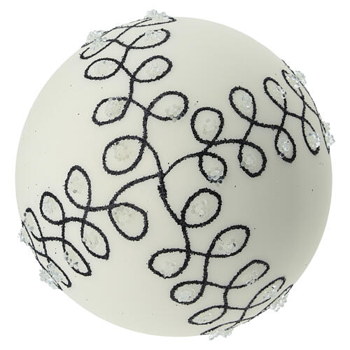 Christbaumkugeln aus Glas in mattem weiß 6 Stück mit schwarzen Verzierungen, 80 mm 5