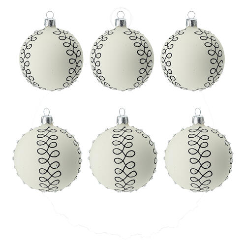Christbaumkugeln aus Glas in mattem weiß 6 Stück mit schwarzen Verzierungen, 80 mm 6