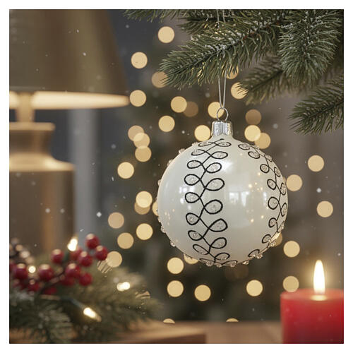 Adorno árbol Navidad vidrio soplado blanco negro oro 80 mm 6 piezas 2
