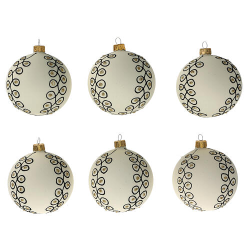 Bolas árvore de Natal vidro soprado branco com arabescos pretos e glitter dourado 80 mm 6 unidades 1