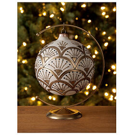Bola árvore de Natal branco opaco com decoração preta e dourada glitter vidro soprado 150 mm