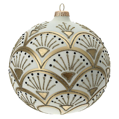 Bola árvore de Natal branco opaco com decoração preta e dourada glitter vidro soprado 150 mm 1