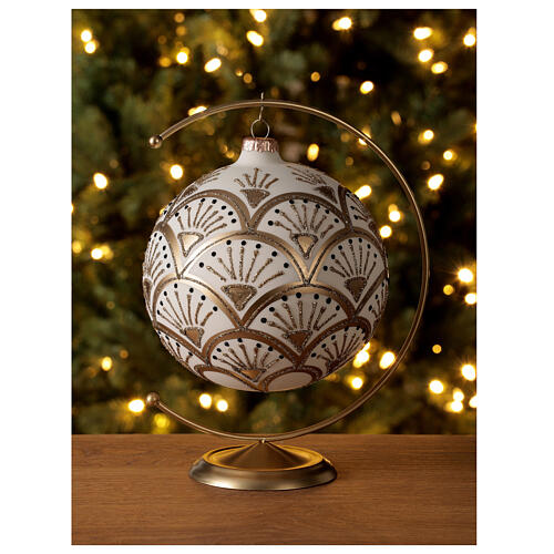 Bola árvore de Natal branco opaco com decoração preta e dourada glitter vidro soprado 150 mm 2