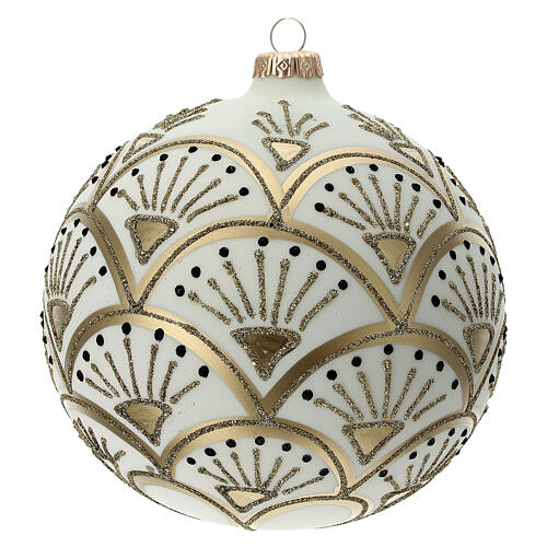 Bola árvore de Natal branco opaco com decoração preta e dourada glitter vidro soprado 150 mm 3