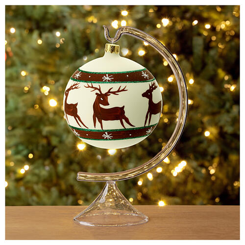 Pallina Natale verde rosso bianco renne 100 mm vetro soffiato 4