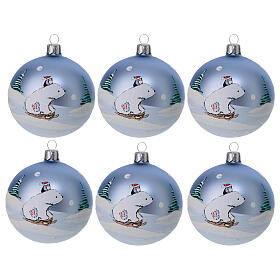 Christbaumkugeln aus Glas in blau 6 Stück mit süßem Eisbären, 80 mm