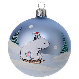 Christbaumkugeln aus Glas in blau 6 Stück mit süßem Eisbären, 80 mm