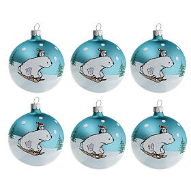 Grey and silver Christmas ball of blown glass with bear on a sled 80 mm set of 6