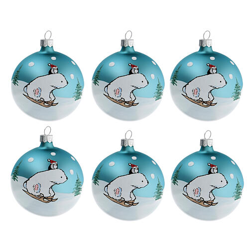 Grey and silver Christmas ball of blown glass with bear on a sled 80 mm set of 6 1