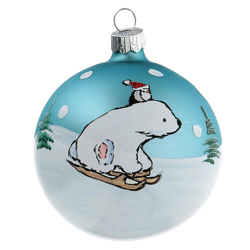 Grey and silver Christmas ball of blown glass with bear on a sled 80 mm set of 6 2
