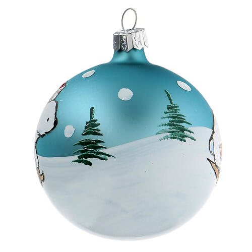 Grey and silver Christmas ball of blown glass with bear on a sled 80 mm set of 6 3