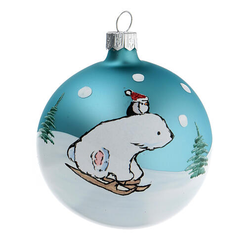 Grey and silver Christmas ball of blown glass with bear on a sled 80 mm set of 6 4