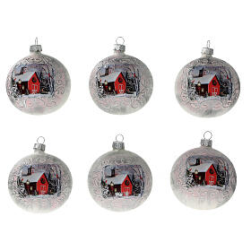 Bolas árvore de Natal vidro soprado igreja vermelha decoração branca 80 mm 6 unidades