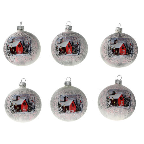 Bolas árvore de Natal vidro soprado igreja vermelha decoração branca 80 mm 6 unidades 1
