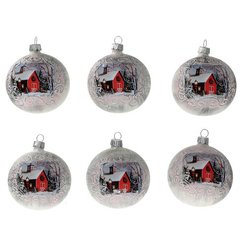 Glass Christmas tree ornament red church white blown glass 80 mm 6 pcs 1