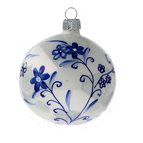 Décoration sapin Noël verre soufflé blanc fleurs bleues 80 mm 6 pcs