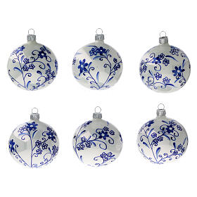 Bolas árvore de Natal vidro soprado branco com flores azuis 80 mm 6 unidades