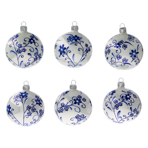 Bolas árvore de Natal vidro soprado branco com flores azuis 80 mm 6 unidades 1