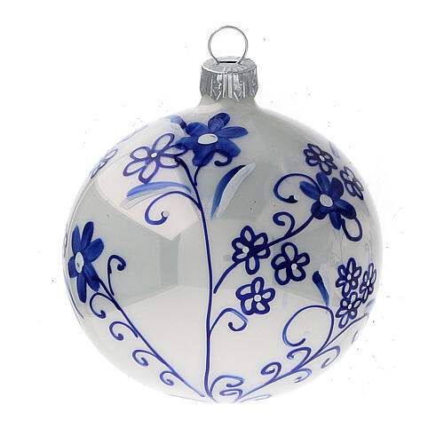 Bolas árvore de Natal vidro soprado branco com flores azuis 80 mm 6 unidades 3