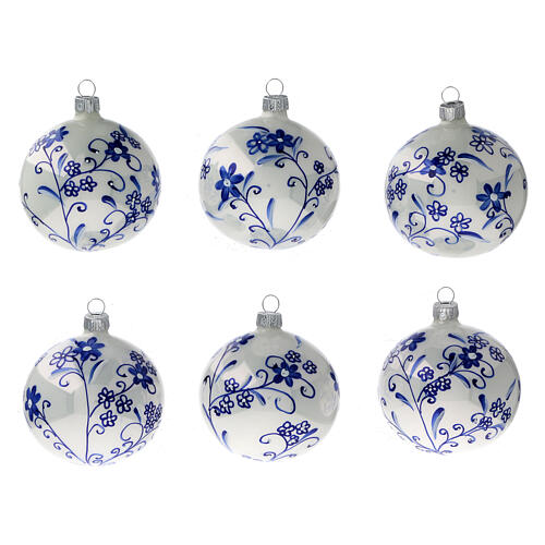 Floral Christmas ball ornaments blown glass blue 80 mm 6 pcs 1