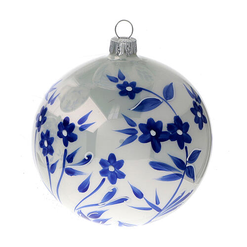 Christmas ball white flowers blue stylised blown glass 100 mm 4 pcs 2