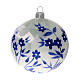 Christmas ball white flowers blue stylised blown glass 100 mm 4 pcs s2