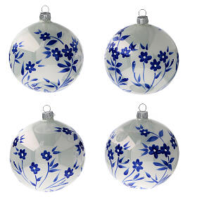 Bola Navidad blanca flores azules estilizados vidrio soplado 100 mm 4 piezas