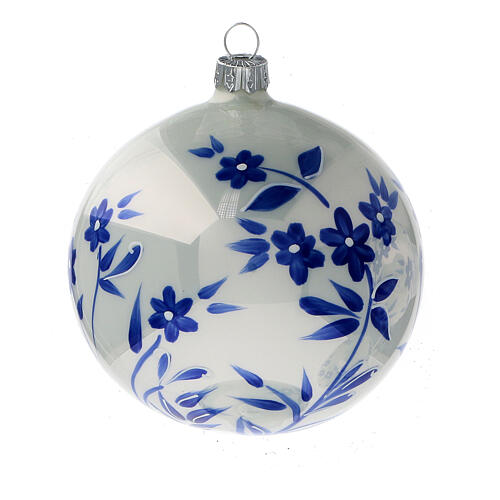 Bola Navidad blanca flores azules estilizados vidrio soplado 100 mm 4 piezas 3