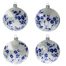 Palline Natale bianche fiori blu stilizzati vetro soffiato 100 mm 4 pz