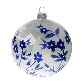 Palline Natale bianche fiori blu stilizzati vetro soffiato 100 mm 4 pz