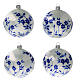 Palline Natale bianche fiori blu stilizzati vetro soffiato 100 mm 4 pz s1