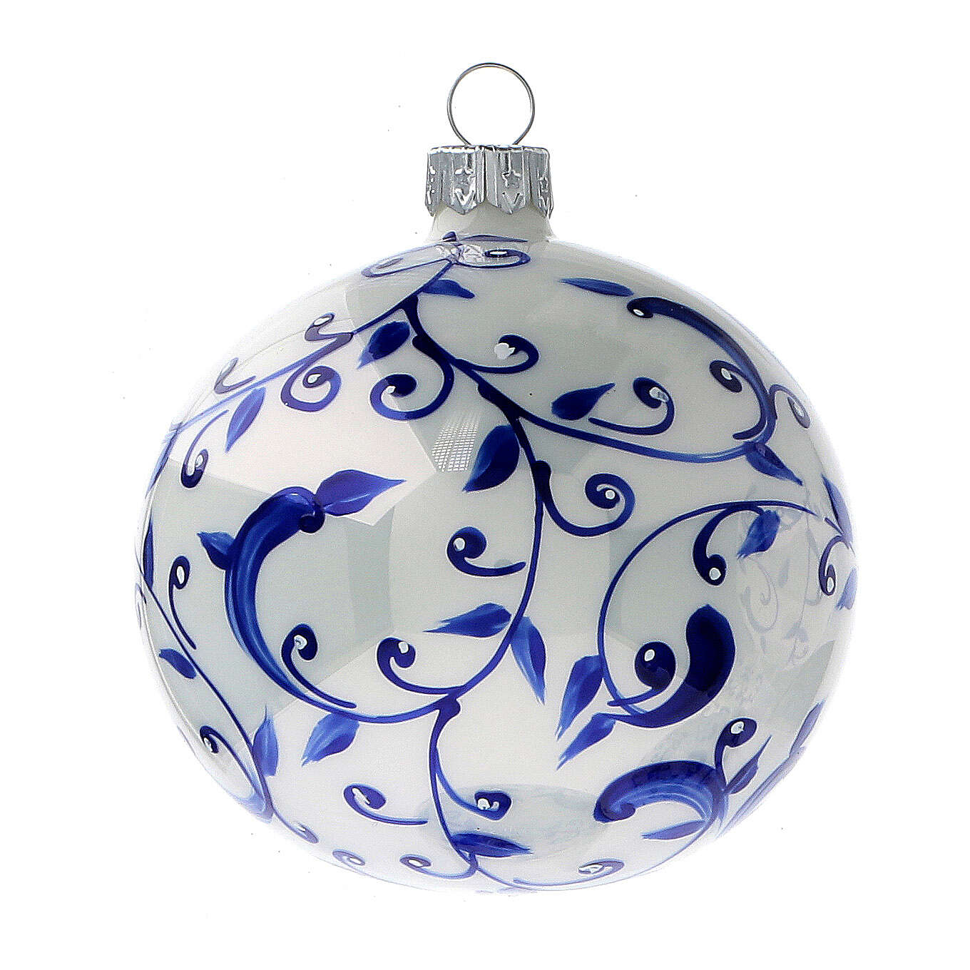 Christbaumkugeln aus Glas in weiß mit blauen Verzierungen 6 Online