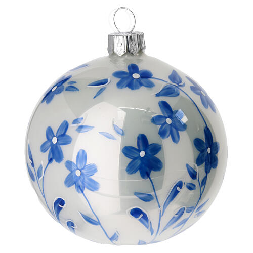 Christbaumkugeln aus Glas in weiß mit blauen Verzierungen 6 Stück, 80 mm 3