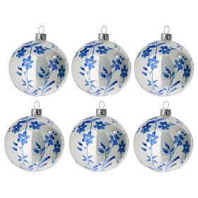 White ball Christmas tree branches blue blown glass 80 mm 6 pcs