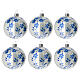 White ball Christmas tree branches blue blown glass 80 mm 6 pcs s1