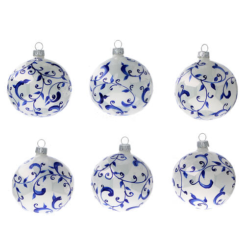 Bola blanca árbol Navidad ramas azules vidrio soplado 80 mm 6 piezas 1