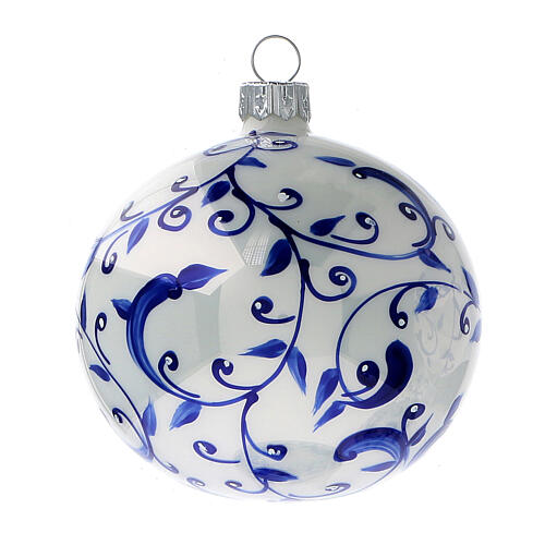 Bola blanca árbol Navidad ramas azules vidrio soplado 80 mm 6 piezas 2