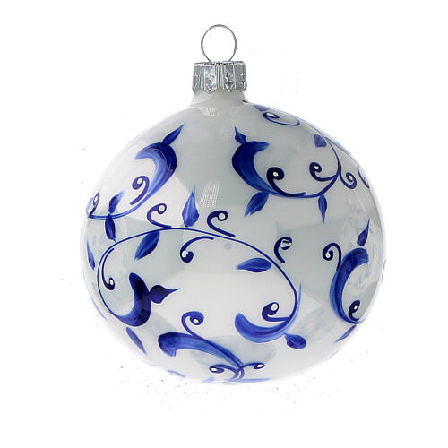 Bola blanca árbol Navidad ramas azules vidrio soplado 80 mm 6 piezas 3