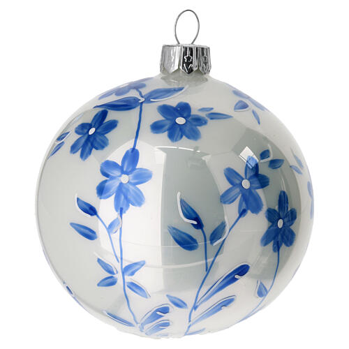 Boule blanche sapin Noël branches bleues verre soufflé 80 mm 6 pcs 2