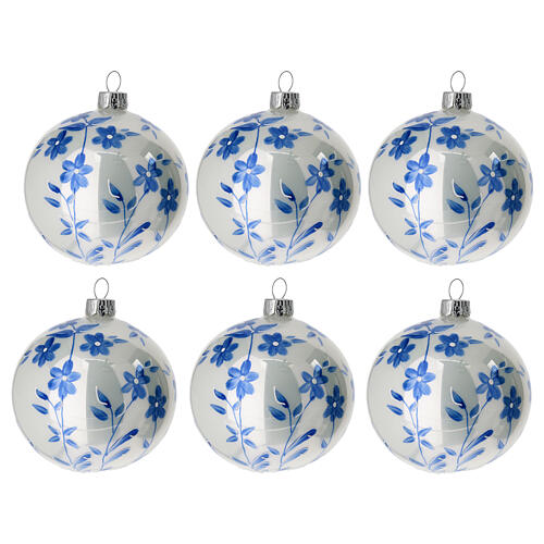 Palline bianche albero Natale rami blu vetro soffiato 80 mm 6 pz 1