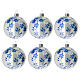 Palline bianche albero Natale rami blu vetro soffiato 80 mm 6 pz s1