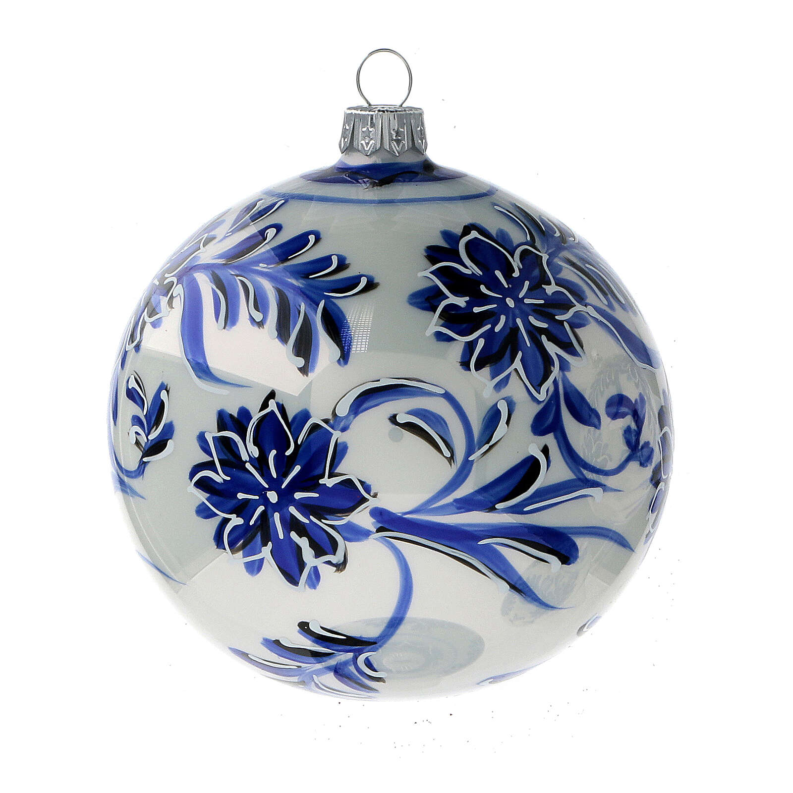 Christbaumkugeln aus Glas in weiß mit blauen Verzierungen