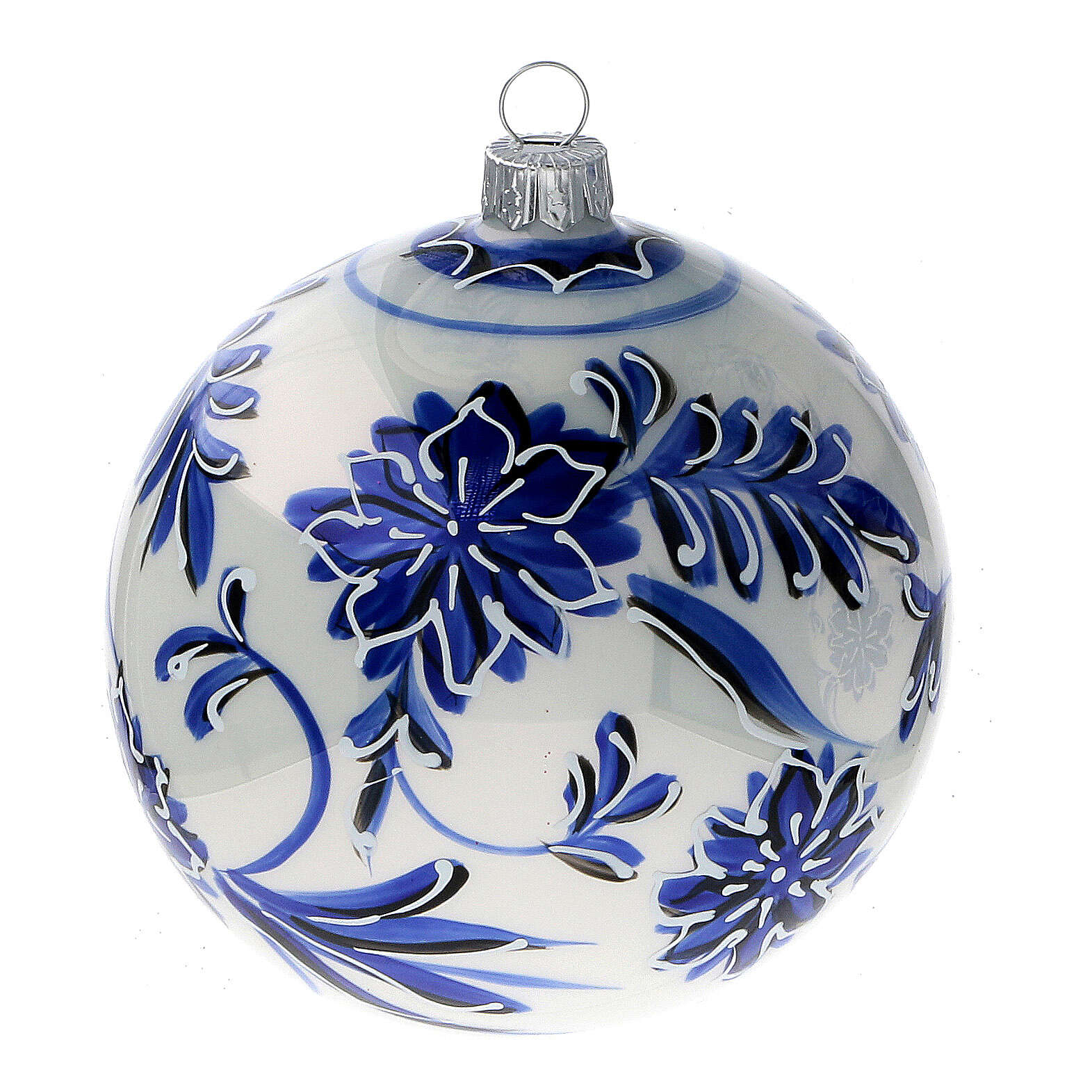 Christbaumkugeln aus Glas in weiß mit blauen Verzierungen