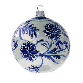 Bolas árvore de Natal vidro soprado branco com flores azuis pintadas 100 mm 4 unidades