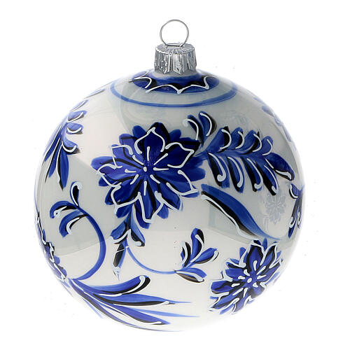 Bolas árvore de Natal vidro soprado branco com flores azuis pintadas 100 mm 4 unidades 3