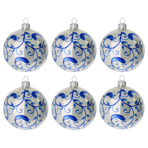 Christbaumkugeln aus Glas in weiß mit blauen Verzierungen 6 Stück, 80 mm 1