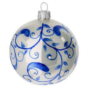 Christmas ball white blown glass blue leaves 80 mm